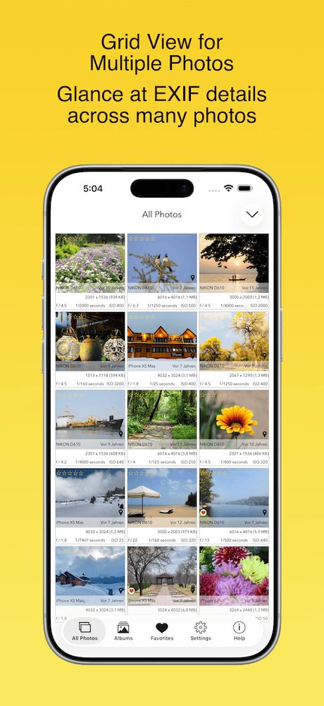 EXIF Viewer grid view showing EXIF details across many photos