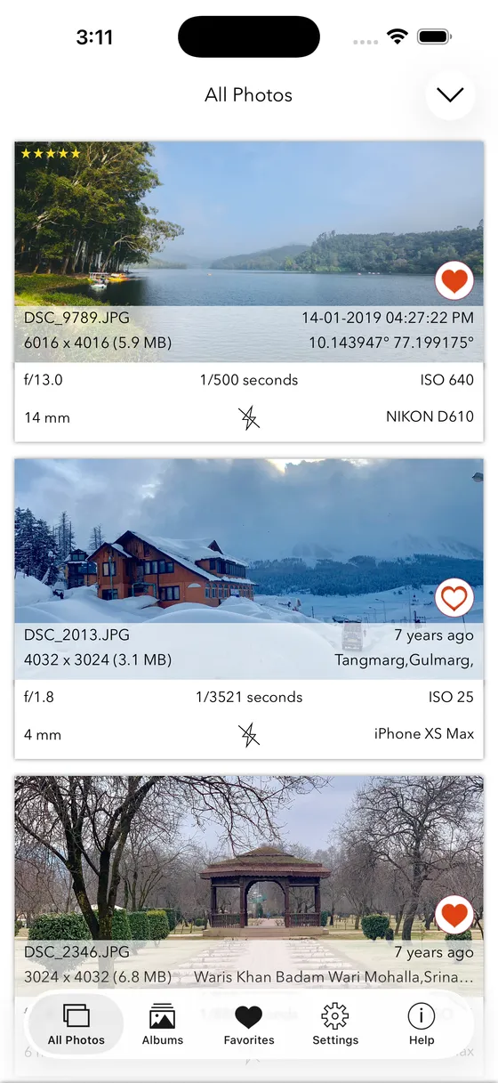 EXIF Viewer screenshot: all photos