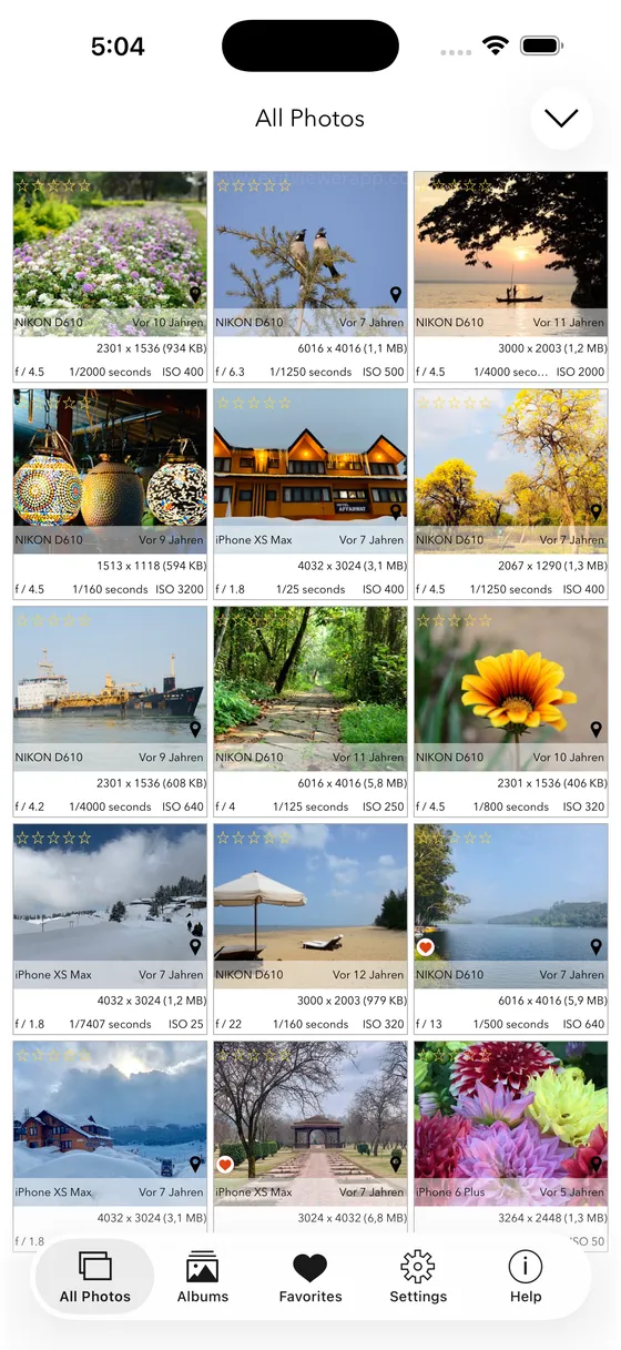 EXIF Viewer screenshot: grid