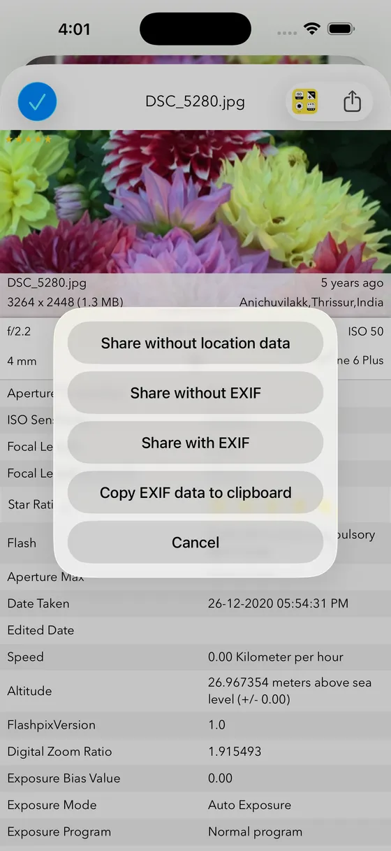 EXIF Viewer screenshot: share