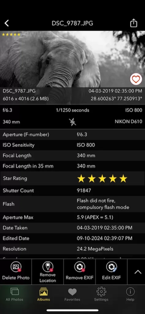 EXIF Viewer in dark mode showing a Nikon D610 photo with its shutter count of 91,847, star rating and full exposure data