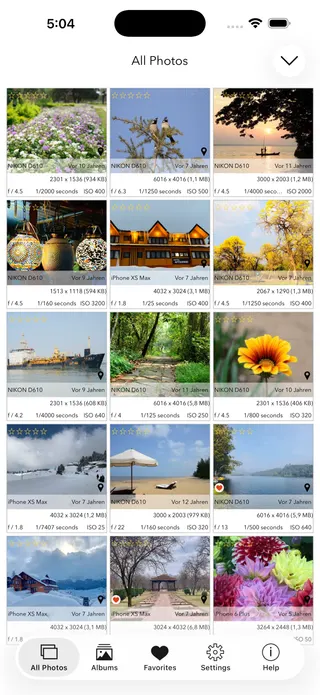 EXIF Viewer grid view showing EXIF details across many photos