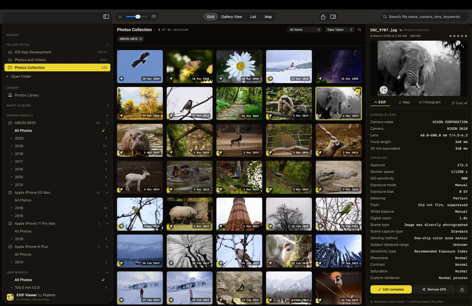 EXIF Viewer for Mac showing a photo library in grid view