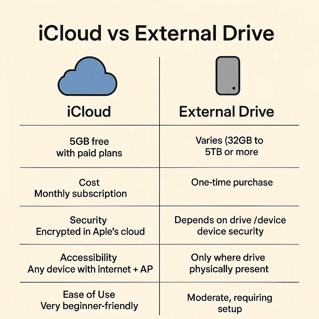 iCloud vs External Drive comparison for iPhone backup”
 Generate image