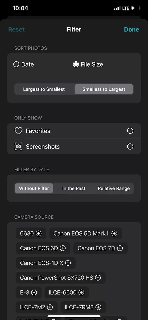 Photos Search Filter, Sort by File Size
