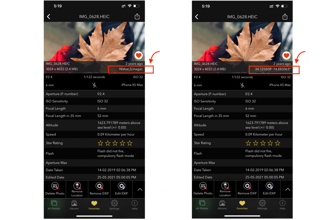 EXIF VIEWER iOS APP SHOWING Location Name LocationCoordinates