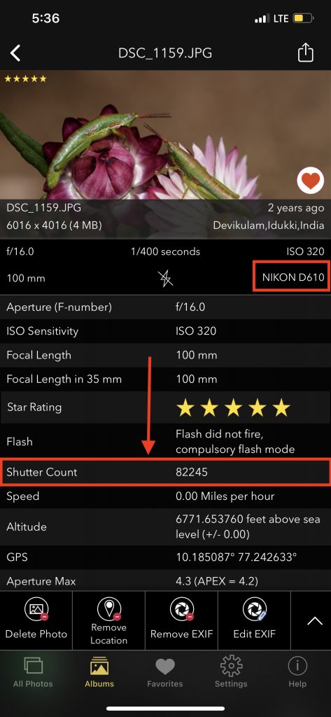 Nikon D610 Shutter Count Displayed using EXIF Viewer by Fluntro iOS App
