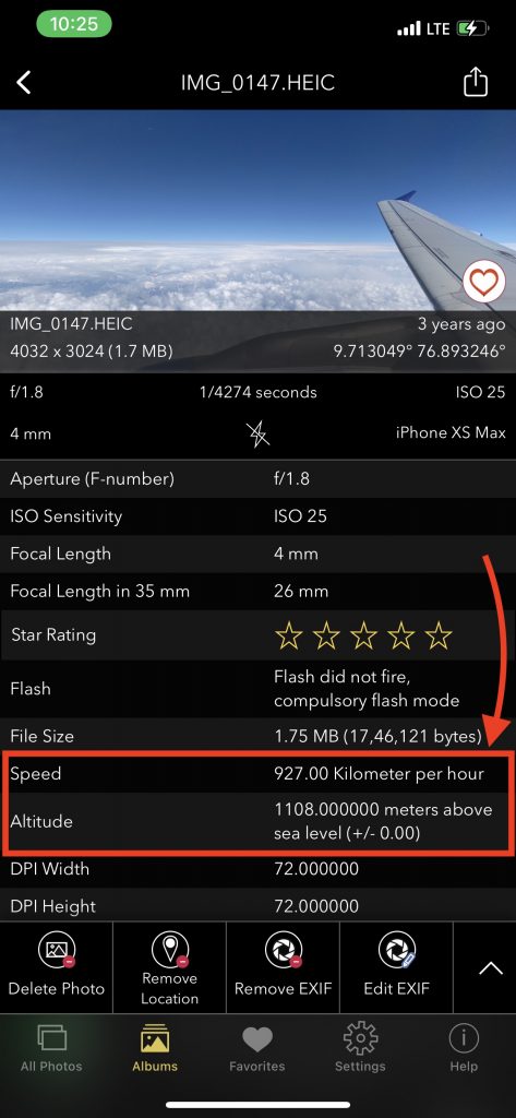 Altitude and Speed shown in EXIF Viewer by Fluntro iOS App