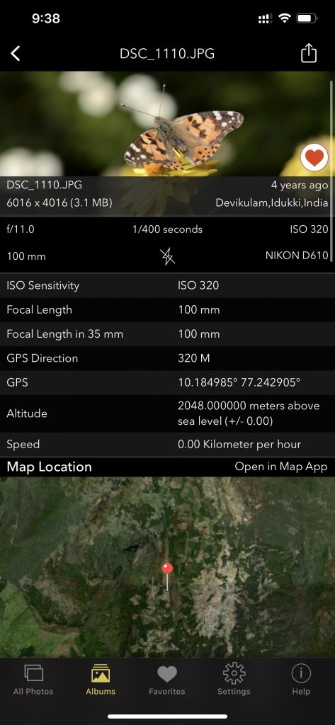 Screenshot of photo displaying geotagging and timestamp using Exif Viewer by Fluntro 