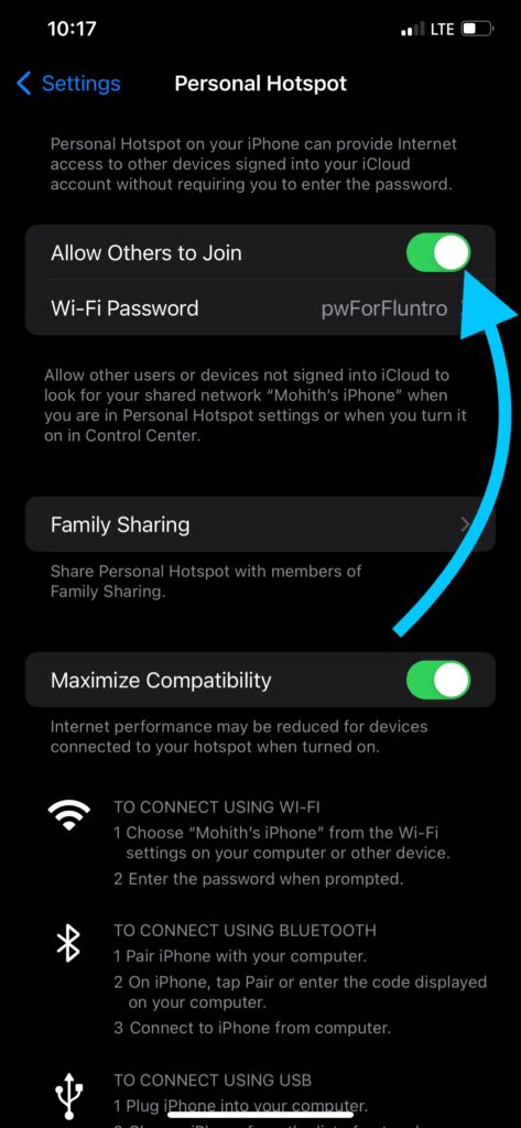 Turn on "Allow other to Join" in Settings > Personal Hotspot
