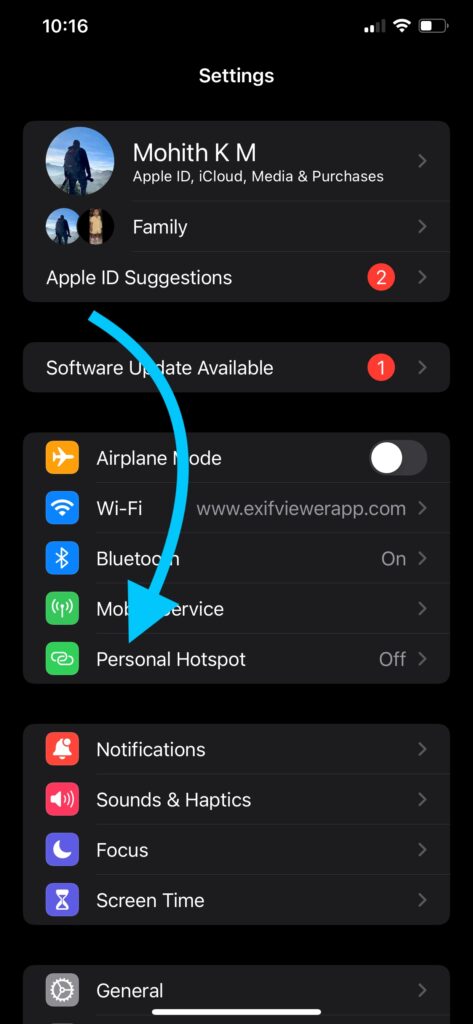 iOS Settings - Personal Hotspot