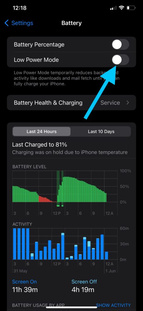 iOS Battery Settings - Turn off Low battery mode