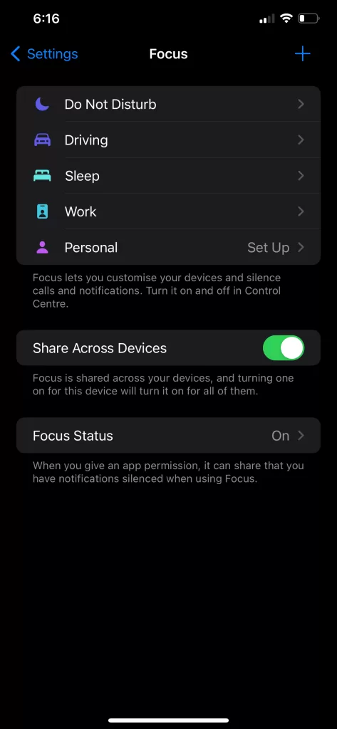 iOS Settings Focus Do Not Disturb DND