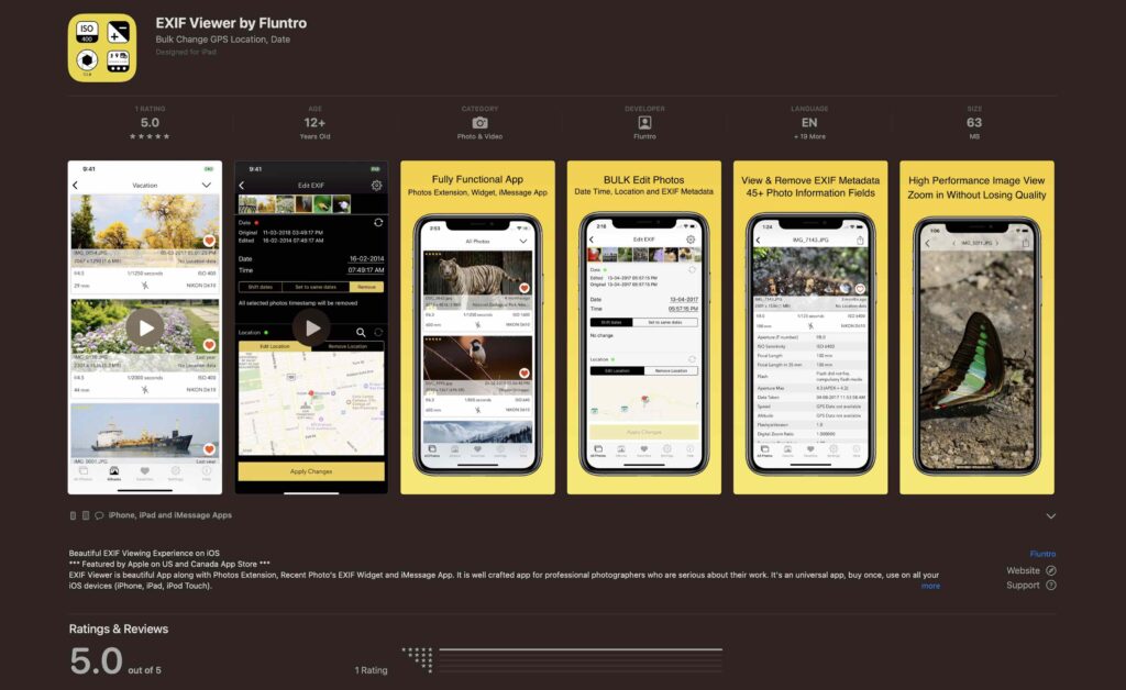 EXIF Viewer by Fluntro app interface for bulk editing EXIF data on iPhone and iPad