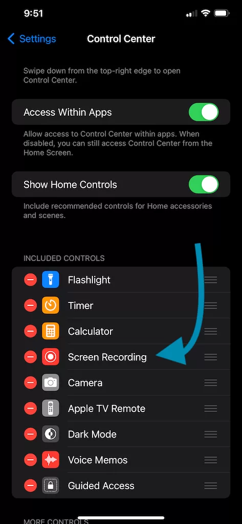 Control Center Screen Recording iPhone