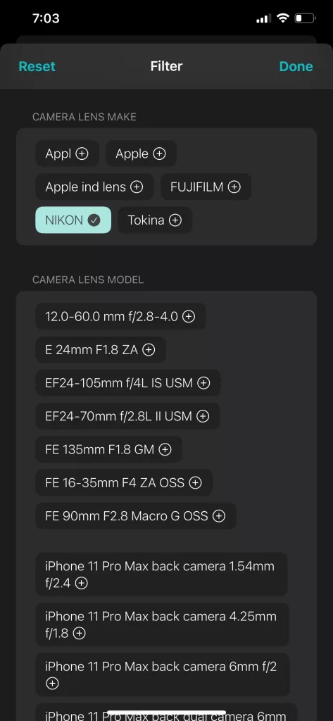 Lens Make Model Filter iPhone Photos Search by Fluntro