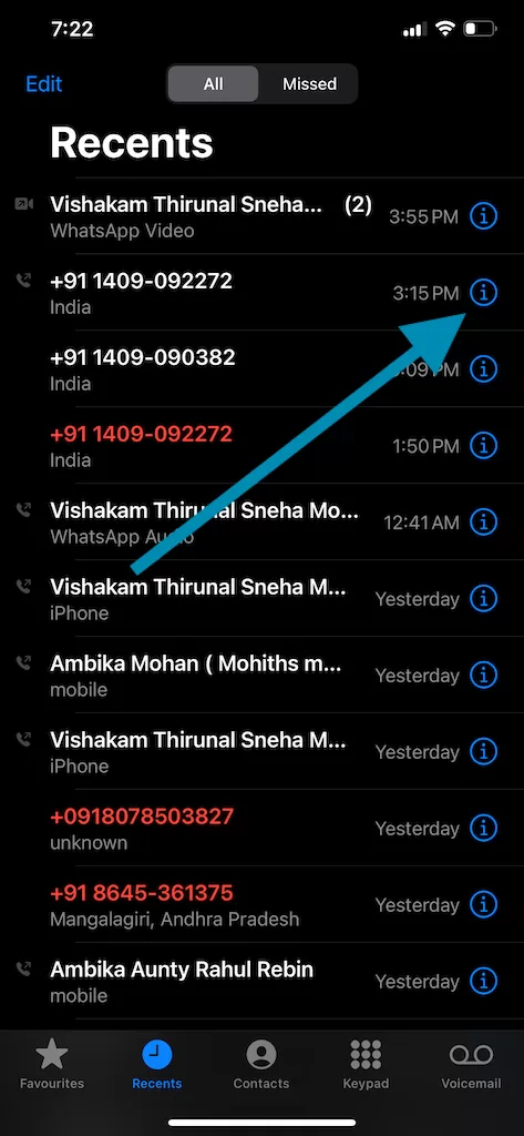 Phone App recent calls list