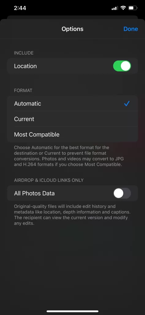 Photos App share exif privacy settings