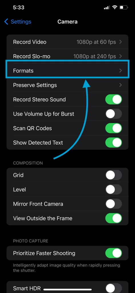 iPhone Camera Settings File Formats