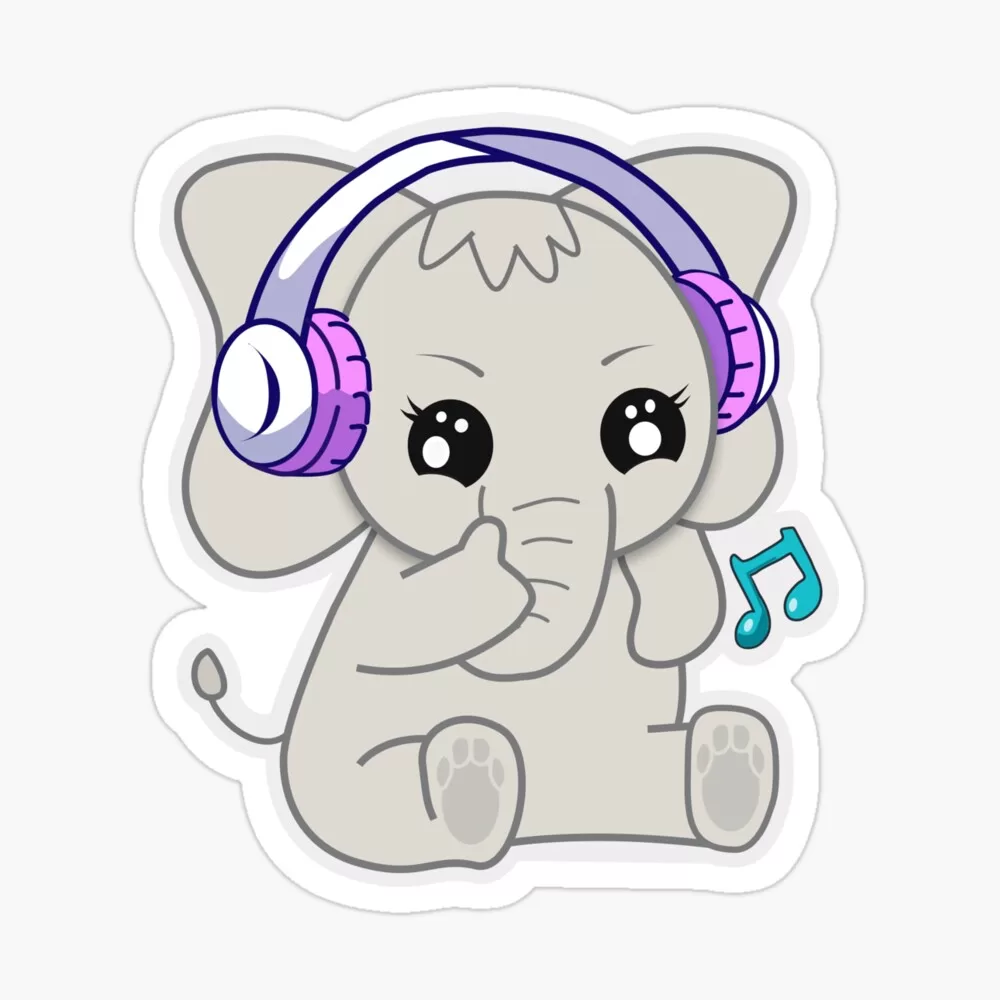 Sticker - Cute Baby Elephant with music headphone