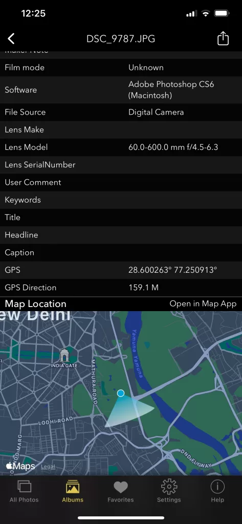 Photo Details including GPS location, Lens Model on iPhone