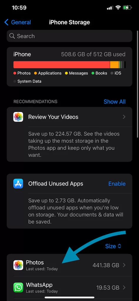 Photos size usage in iPhone Storage Settings