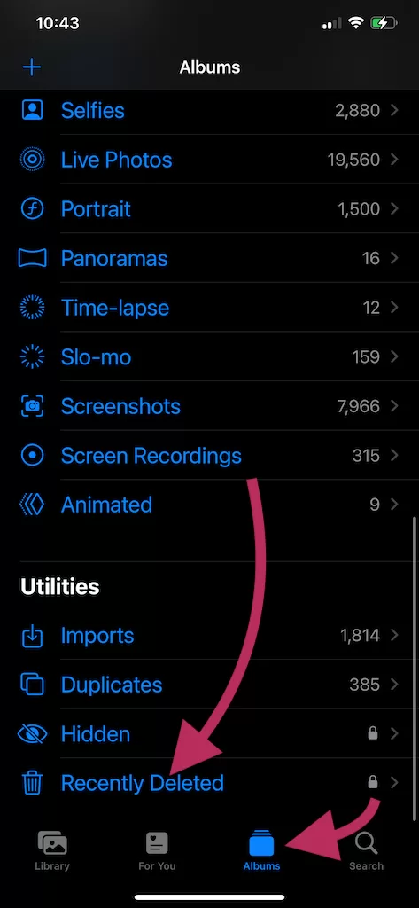 Recently Deleted Photos in iPhone Photos App