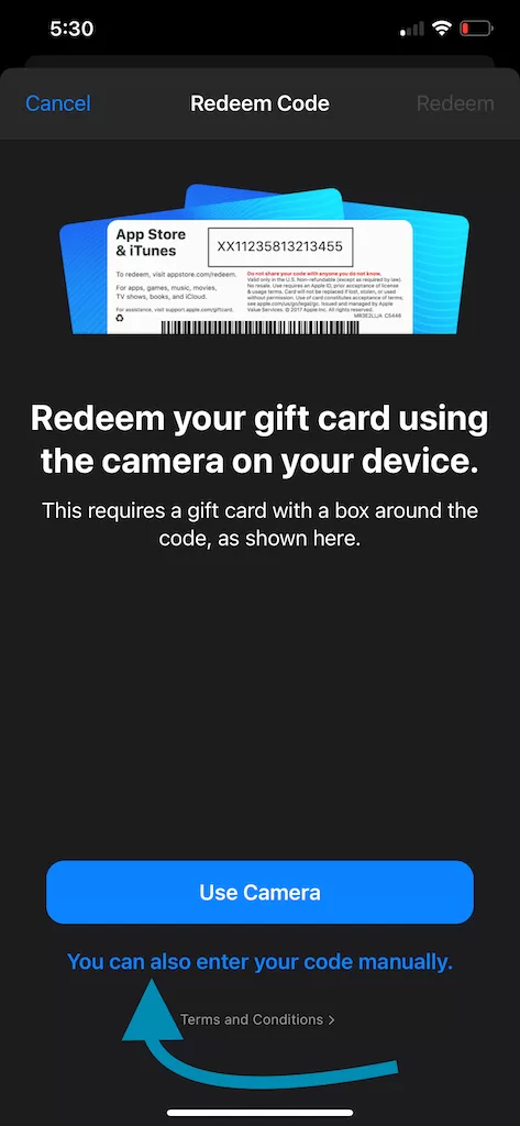 Redeem code enter manually