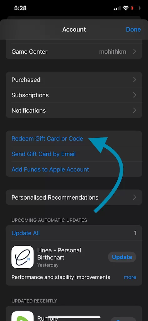 Redeem code from Appstore Profile