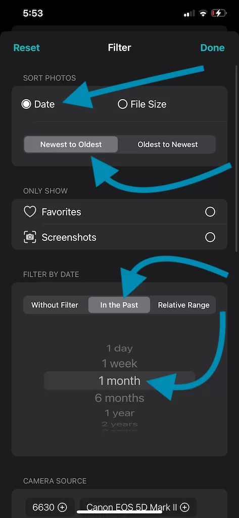 Sort Photos by Date within Specific Date Range on iPhone