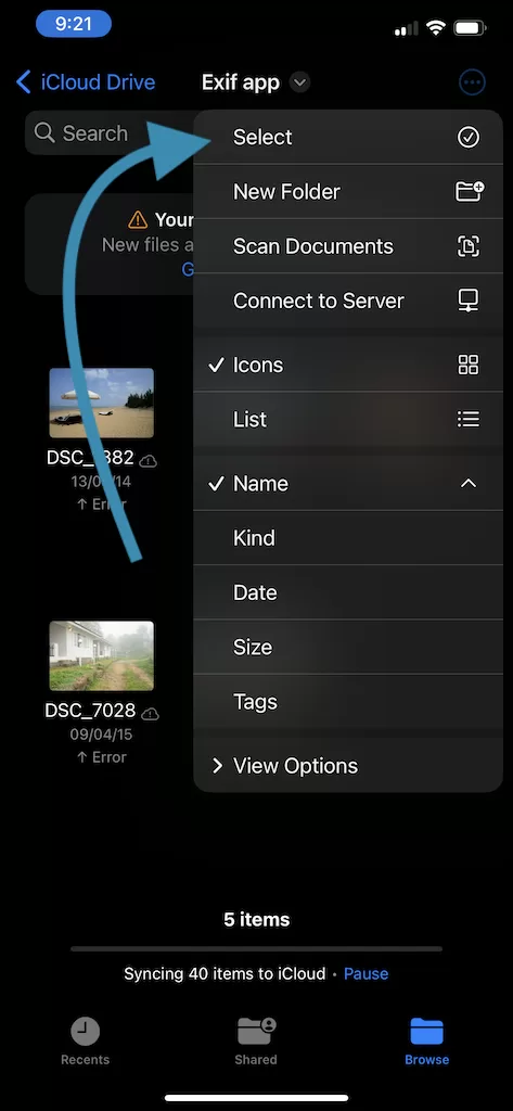 Tap Select on Files App iPhone