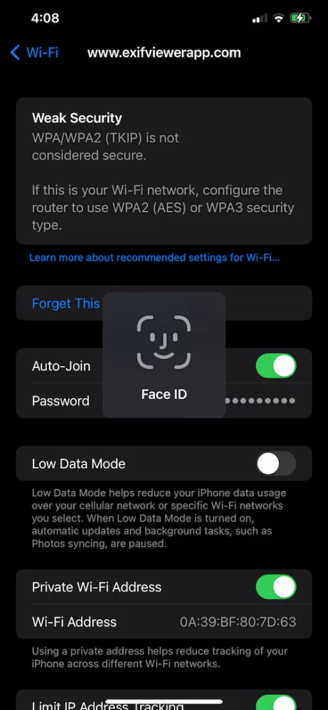 WiFi Network view password FaceID