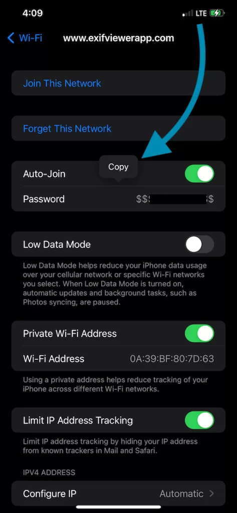 WiFi password copy long tap gesture iPhone