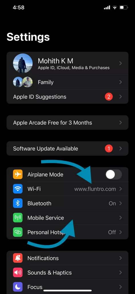 iOS Settings with WiFi and Mobile Service