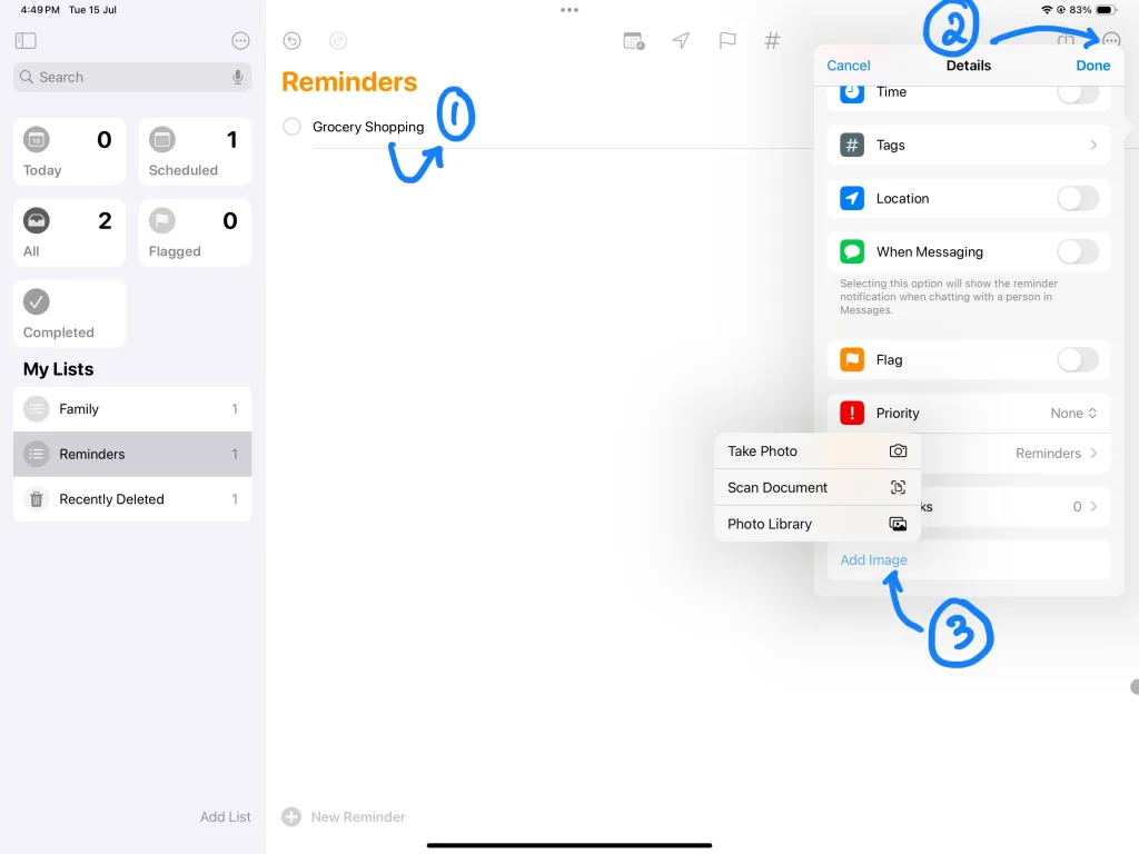 Step by step details: how to add image for Reminders App
