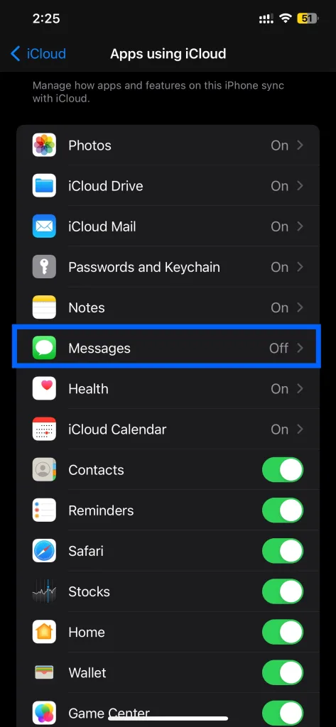 Messages in iCloud enabled in Settings]