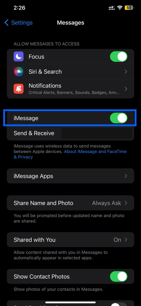 Messages in iCloud enabled in Settings]