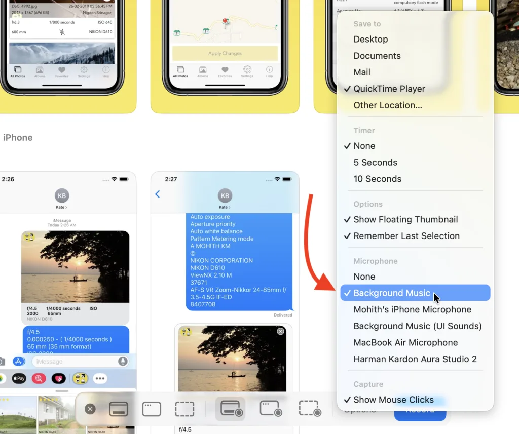 QuickTimePlayer Mac Screen recording audio settings for no audio