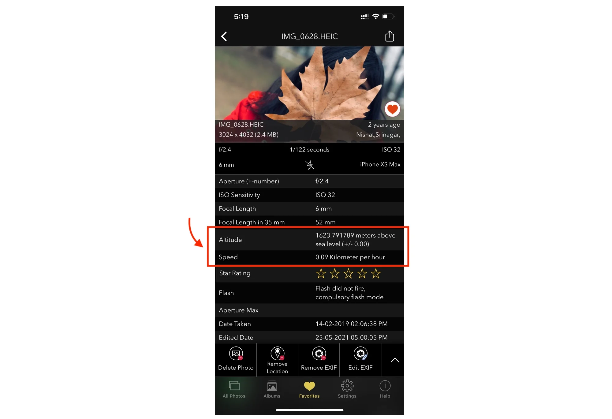EXIF Viewer iOS App Showing Altitude and Speed