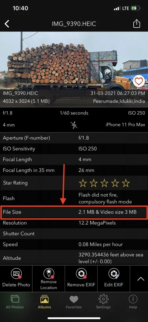File size of Live Photo displayed on EXIFViewer by Fluntro iOS App