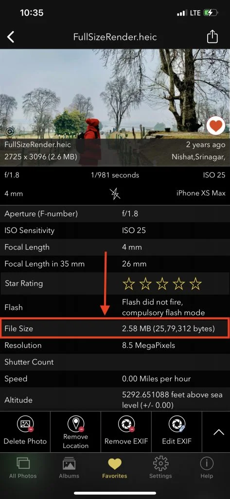 FileSize of photo displayed on EXIF Viewer by Fluntro iOS App
