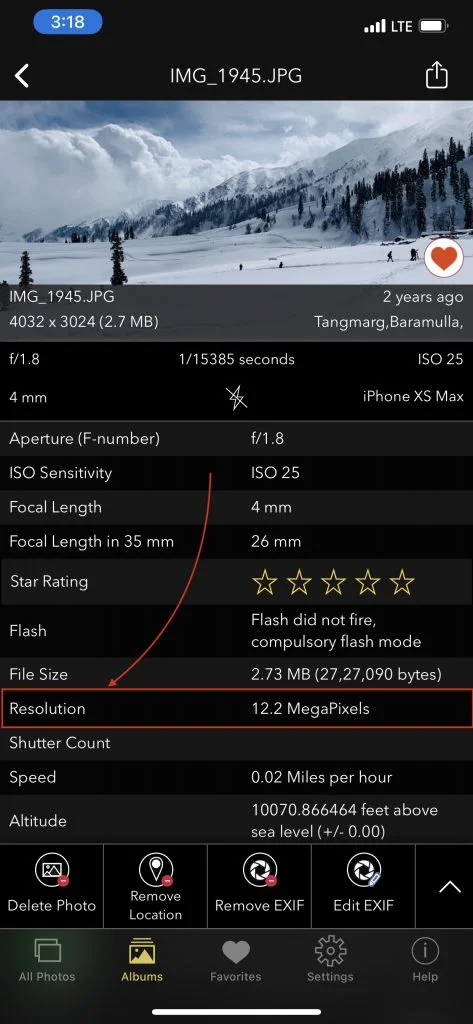 Photo Resolution Of Photo on iPhone EXIF Viewer By Fluntro App screenshot