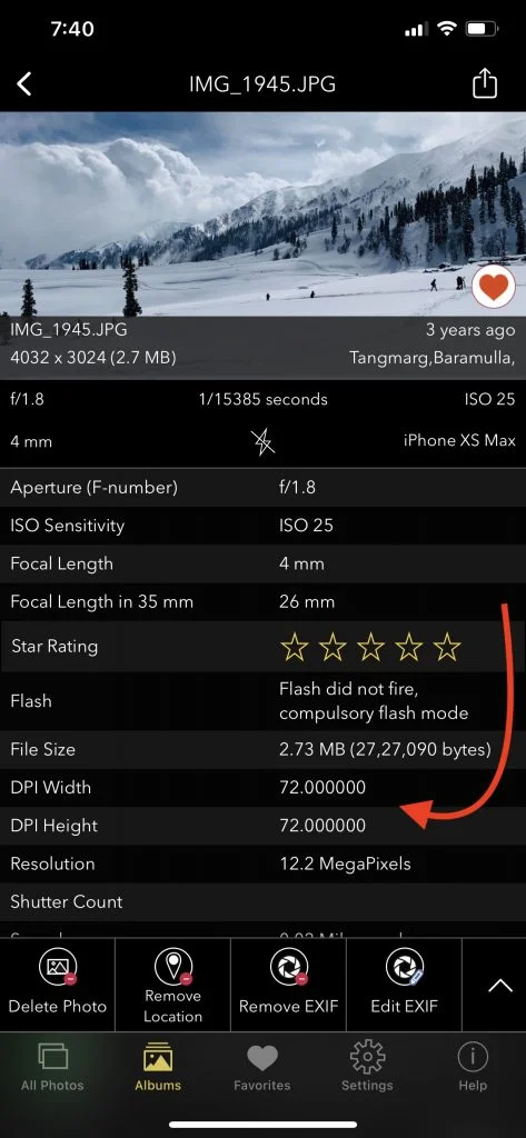 How to check DPI of an image on your iPhone or iPad 3 DPI value shown using EXIF Viewer by fluntro on iPhone and iPad for iPhone photo