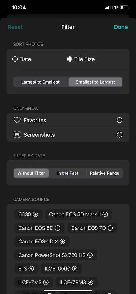 Photos Search Filter, Sort by File Size